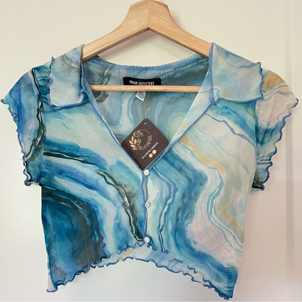 Urban Outfitters Blue, White & Yellow Marbled Watercolor Sheer Cropped Button-up